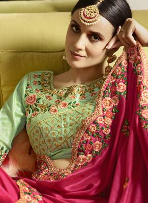 Rani Pink Embroidered Silk Blend Saree With Blouse 3