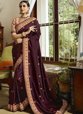 Maroon Embroidered Silk Blend Saree With Blouse 1