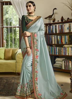 Sky Blue Embroidered Silk Blend Saree With Blouse 1