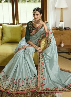 Sky Blue Embroidered Silk Blend Saree With Blouse 2