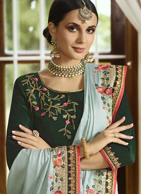 Sky Blue Embroidered Silk Blend Saree With Blouse 3
