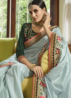 Sky Blue Embroidered Silk Blend Saree With Blouse 4