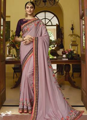 Light Violet Embroidered Silk Blend Saree With Blouse 1