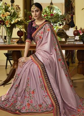 Light Violet Embroidered Silk Blend Saree With Blouse 2