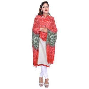 Orange Green Bandhej Hand Work Cotton Dupatta 1