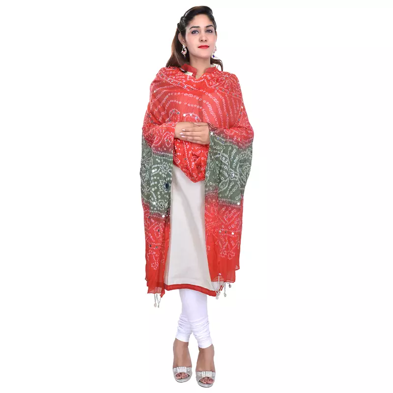 Orange Green Bandhej Hand Work Cotton Dupatta