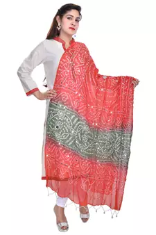 Orange Green Bandhej Hand Work Cotton Dupatta