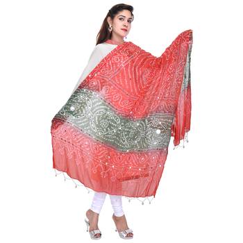 Orange Green Bandhej Hand Work Cotton Dupatta 3
