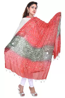 Orange Green Bandhej Hand Work Cotton Dupatta