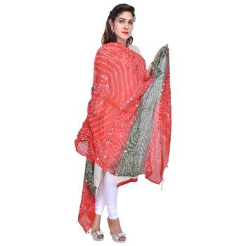 Orange Green Bandhej Hand Work Cotton Dupatta 4