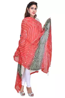 Orange Green Bandhej Hand Work Cotton Dupatta