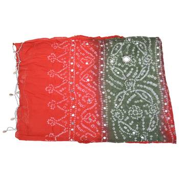 Orange Green Bandhej Hand Work Cotton Dupatta 5