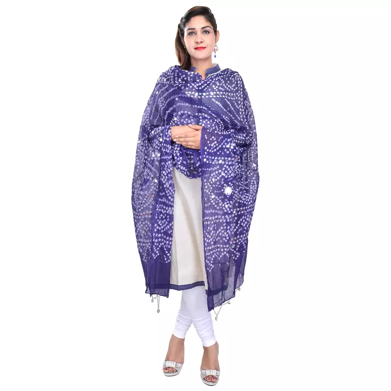 Blue Bandhej Cotton Hand Work Dupatta