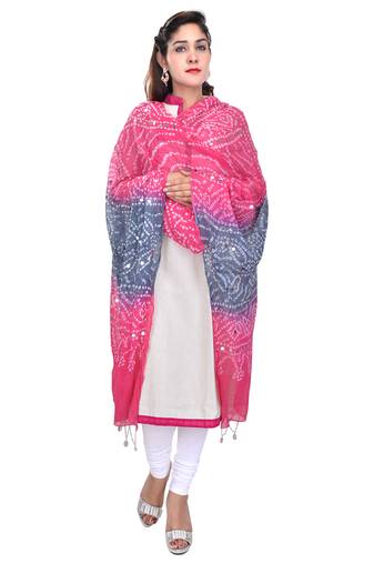 Pink Grey Bandhej Cotton Hand Work Dupatta