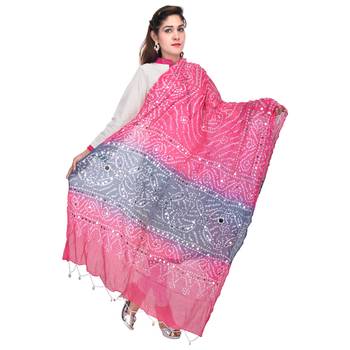 Pink Grey Bandhej Cotton Hand Work Dupatta 2