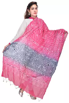 Pink Grey Bandhej Cotton Hand Work Dupatta