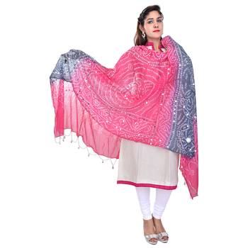 Pink Grey Bandhej Cotton Hand Work Dupatta 3