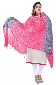 Pink Grey Bandhej Cotton Hand Work Dupatta