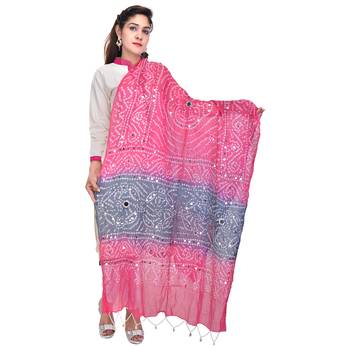 Pink Grey Bandhej Cotton Hand Work Dupatta 4