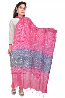 Pink Grey Bandhej Cotton Hand Work Dupatta