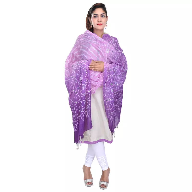 Purple Shaded Bandhej Cotton Hand Work Dupatta