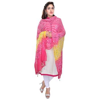 Pink Yellow Bandhej Cotton Hand Work Dupatta 1
