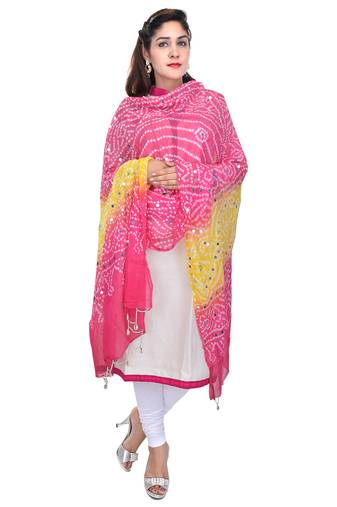 Pink Yellow Bandhej Cotton Hand Work Dupatta