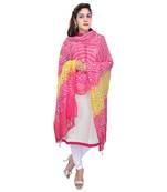 Pink Yellow Bandhej Cotton Hand Work Dupatta