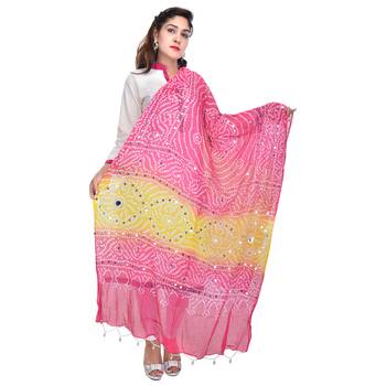 Pink Yellow Bandhej Cotton Hand Work Dupatta 2