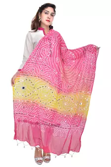Pink Yellow Bandhej Cotton Hand Work Dupatta