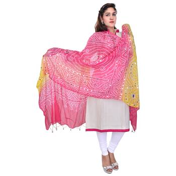 Pink Yellow Bandhej Cotton Hand Work Dupatta 3