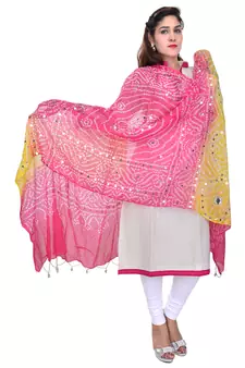 Pink Yellow Bandhej Cotton Hand Work Dupatta