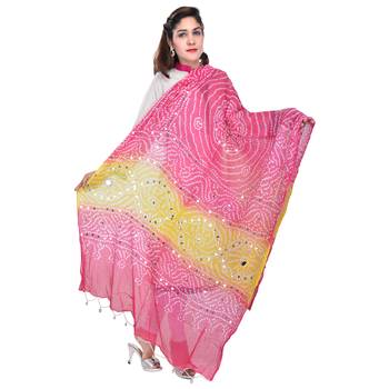 Pink Yellow Bandhej Cotton Hand Work Dupatta 4