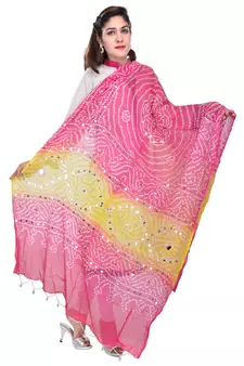 Pink Yellow Bandhej Cotton Hand Work Dupatta