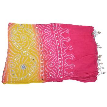 Pink Yellow Bandhej Cotton Hand Work Dupatta 5