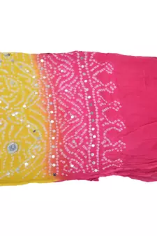 Pink Yellow Bandhej Cotton Hand Work Dupatta