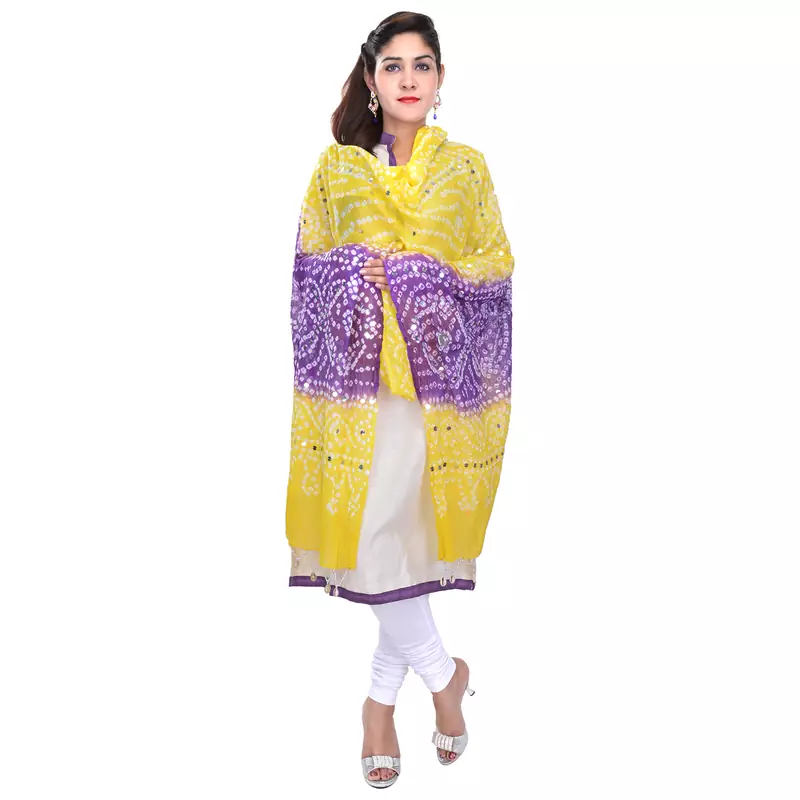 Yellow Purple Bandhej Cotton Hand Work Dupatta