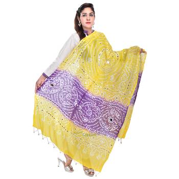 Yellow Purple Bandhej Cotton Hand Work Dupatta 2