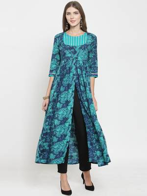 Turquoise woven rayon kurti with trouser 1