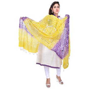 Yellow Purple Bandhej Cotton Hand Work Dupatta 3