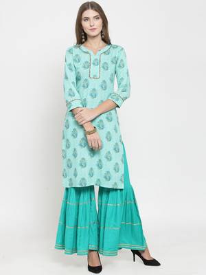 Indibelle Turquoise woven rayon kurti with sharara 1