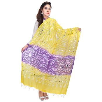 Yellow Purple Bandhej Cotton Hand Work Dupatta 4