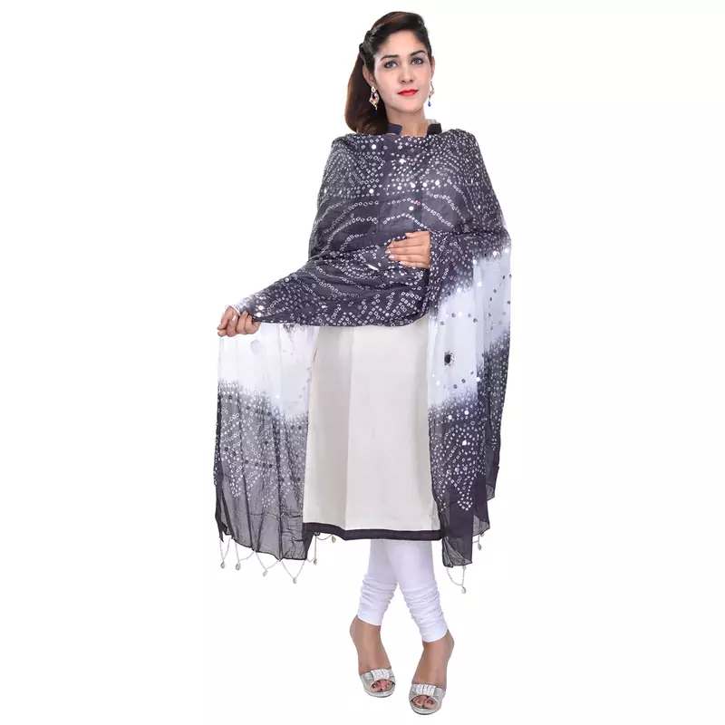 Black White Bandhej Cotton Hand Work Dupatta