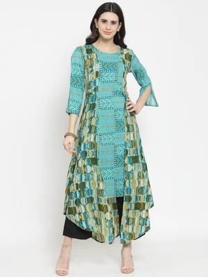 Indibelle Teal woven rayon kurta with trouser 1