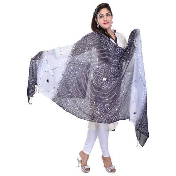 Black White Bandhej Cotton Hand Work Dupatta 2