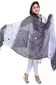 Black White Bandhej Cotton Hand Work Dupatta