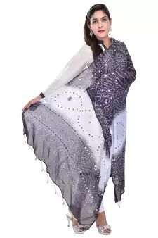 Black White Bandhej Cotton Hand Work Dupatta