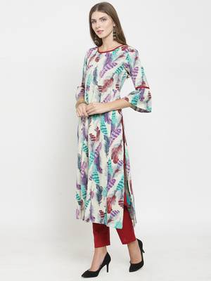 Beige woven cotton kurti with trouser 4