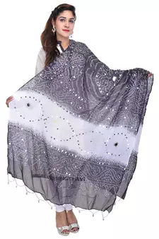 Black White Bandhej Cotton Hand Work Dupatta