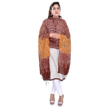 Brown Orange Bandhej Cotton Hand Work Dupatta 1